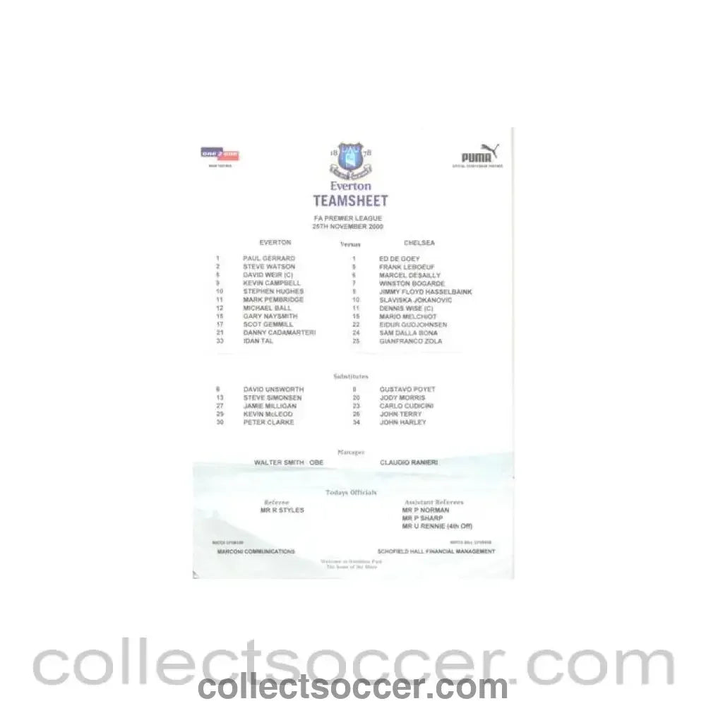 2000 - Everton v Chelsea official colour teamsheet 25/11/2000 Premier League - Collect Soccer