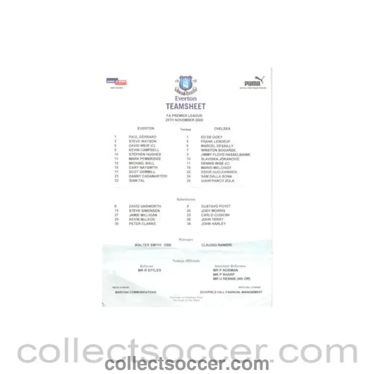 2000 - Everton v Chelsea official colour teamsheet 25/11/2000 Premier League
