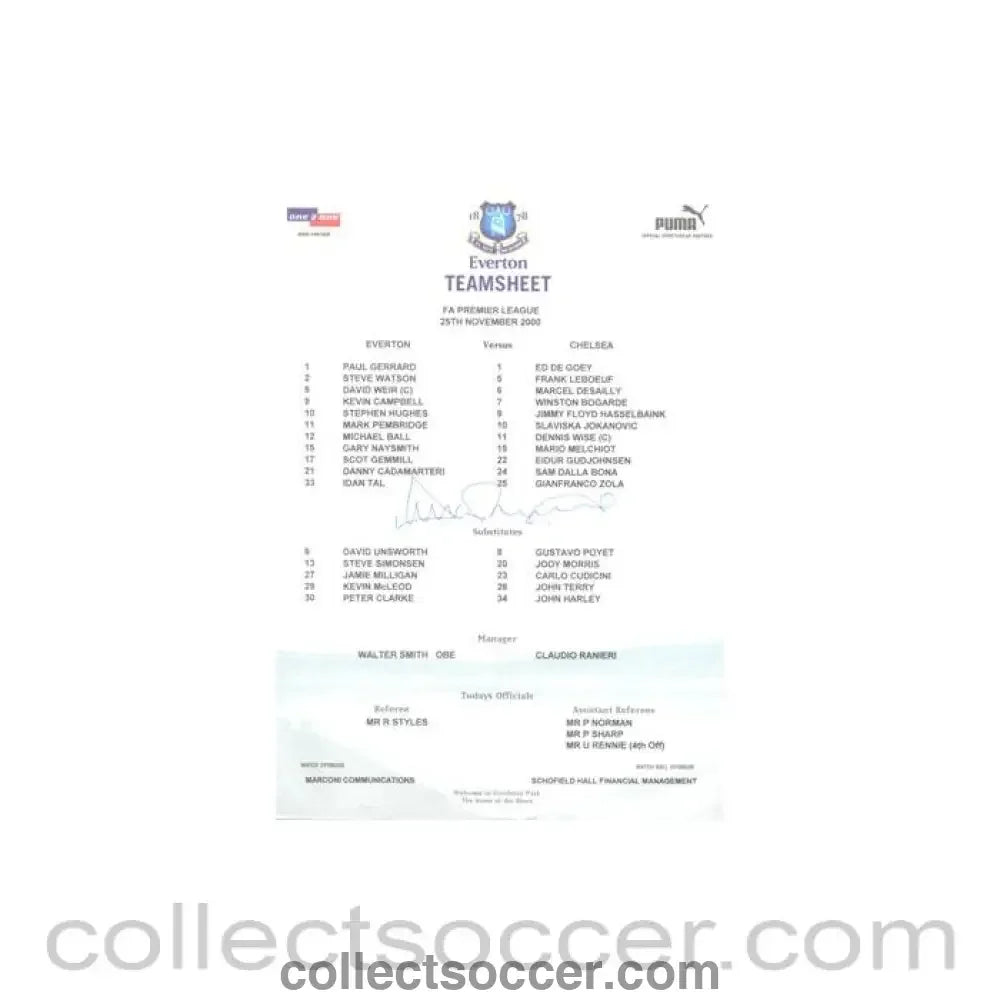 2000 - Everton v Chelsea official colour teamsheet 25/11/2000 Premier League, signed - Collect Soccer