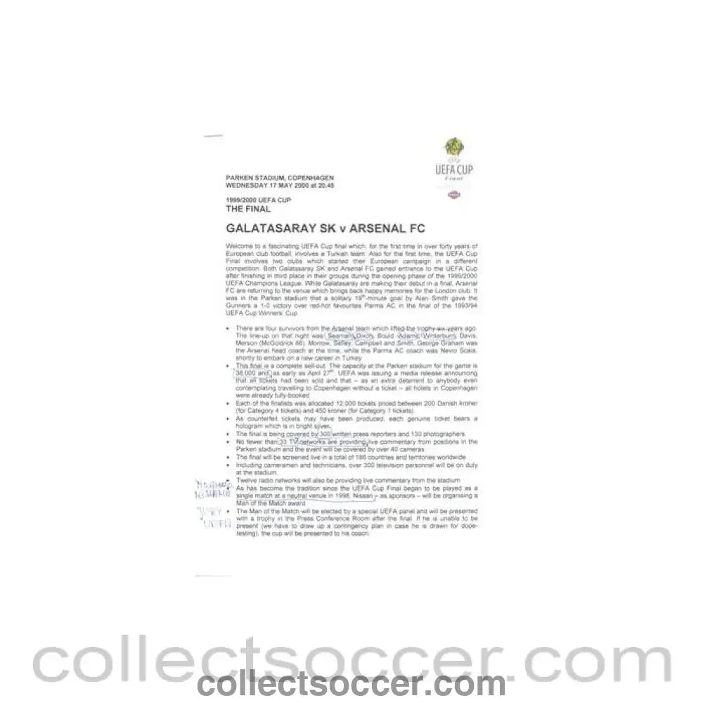 2000 - Galatasaray v Arsenal press pack 17/05/2000 UEFA Cup Final