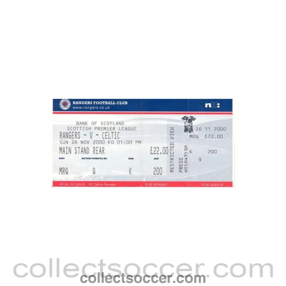 2000 - Glasgow Rangers v Celtic ticket 26/11/2000 Scottish Premier League - Collect Soccer