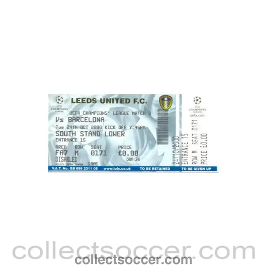 2000 - Leeds United v Barcelona ticket 24/10/2000