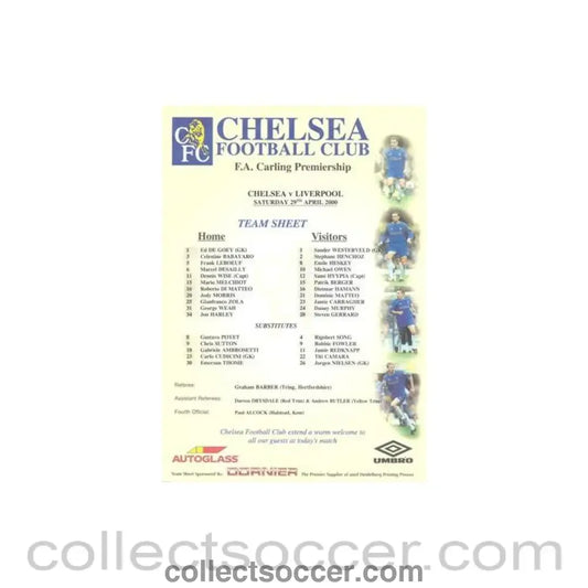 2000 - Liverpool v Chelsea official colour teamsheet 29/04/2000 Premier League