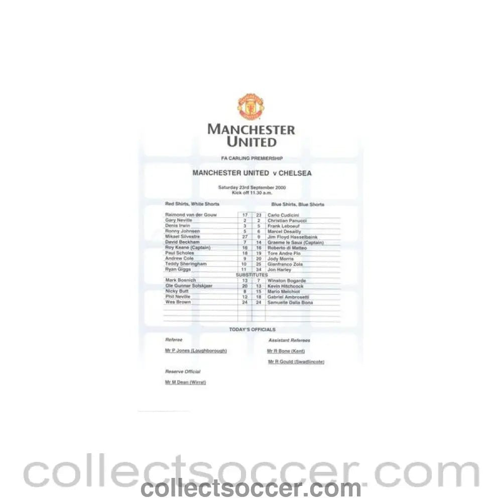 2000 - Manchester United v Chelsea official colour teamsheet 23/09/2000 Carling Premiership - Collect Soccer