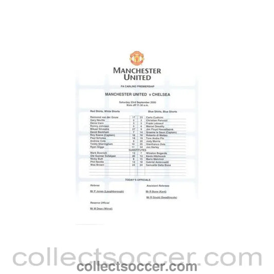 2000 - Manchester United v Chelsea official colour teamsheet 23/09/2000 Carling Premiership - Collect Soccer