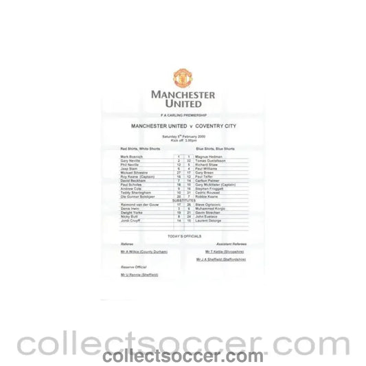 2000 - Manchester United v Coventry City official colout teamsheet 05/02/2000 Premier League - Collect Soccer