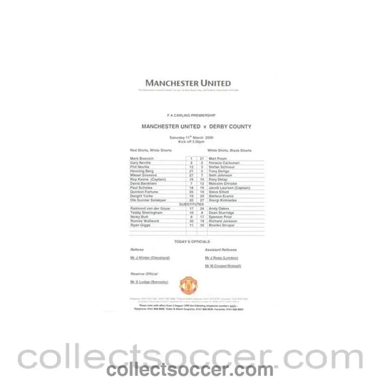 2000 - Manchester United v Derby County official colout teamsheet 11/03/2000 Premier League - Collect Soccer