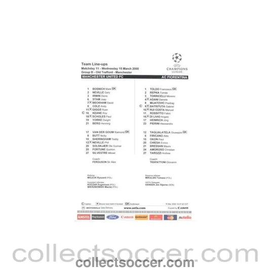 2000 - Manchester United v Fiorentina official colout teamsheet 15/03/2000 Champions League