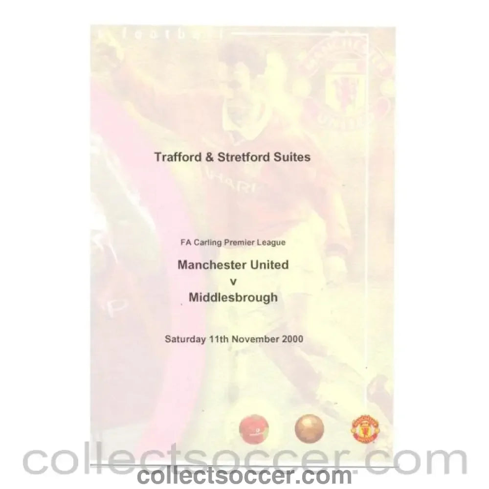 2000 - Manchester United v Middlesbrough menu 11/11/2000