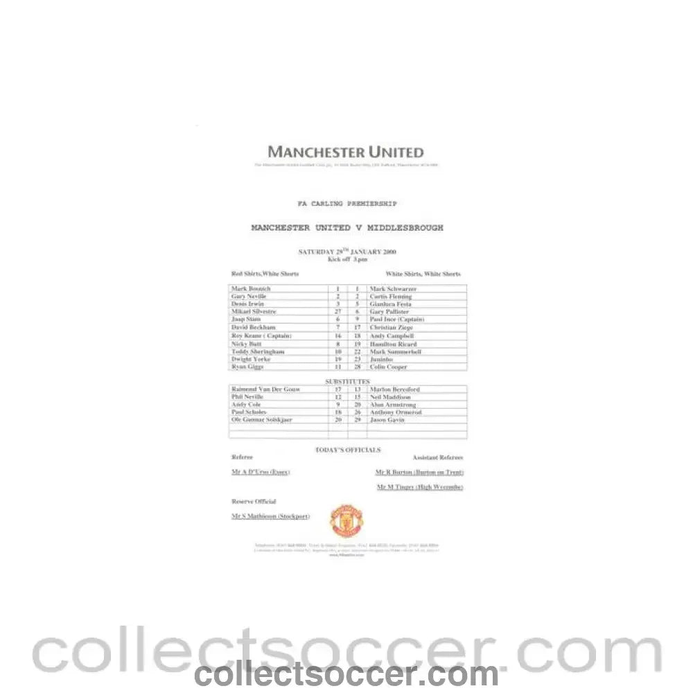 2000 - Manchester United v Middlesbrough official colout teamsheet 29/01/2000 Premier League