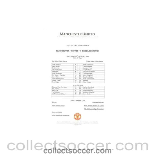 2000 - Manchester United v Middlesbrough official colout teamsheet 29/01/2000 Premier League