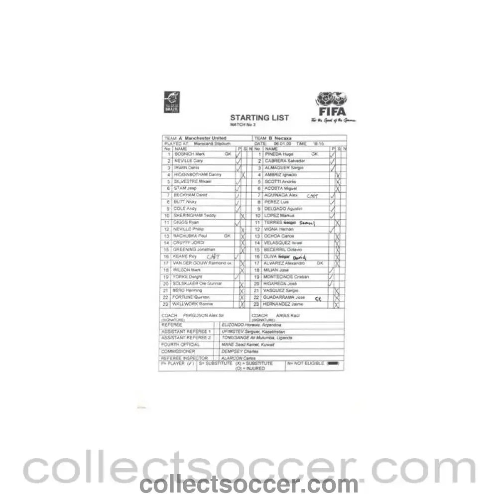2000 - Manchester United v Necaxa Starting List 06/01/2000 Club World Cup in Brazil - Collect Soccer