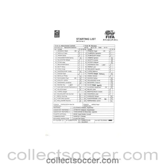 2000 - Manchester United v Necaxa Starting List 06/01/2000 Club World Cup in Brazil