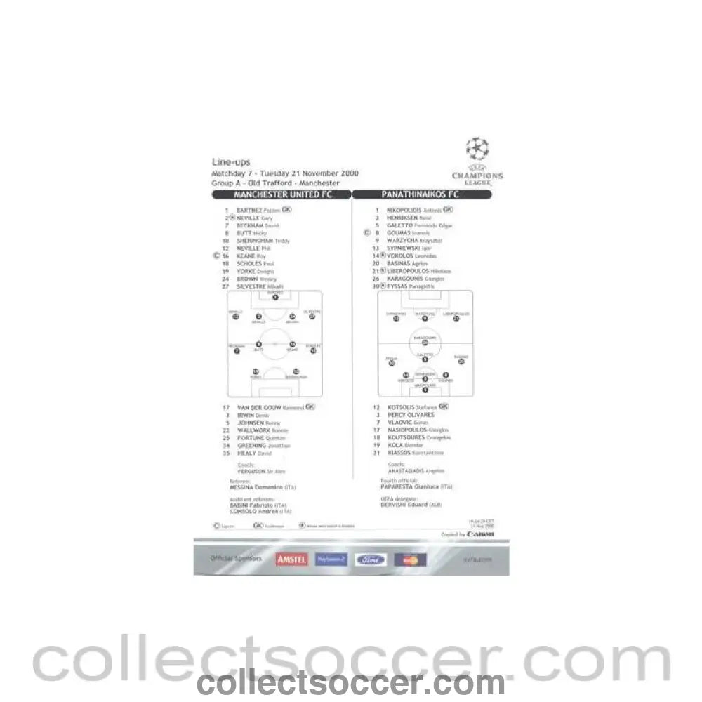 2000 - Manchester United v Panathinaikos 21/11/2000 Champions League line - ups - Collect Soccer