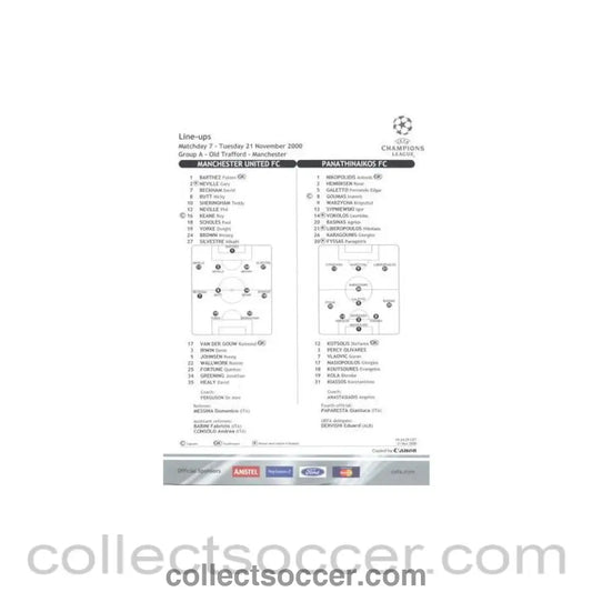 2000 - Manchester United v Panathinaikos 21/11/2000 Champions League line - ups - Collect Soccer