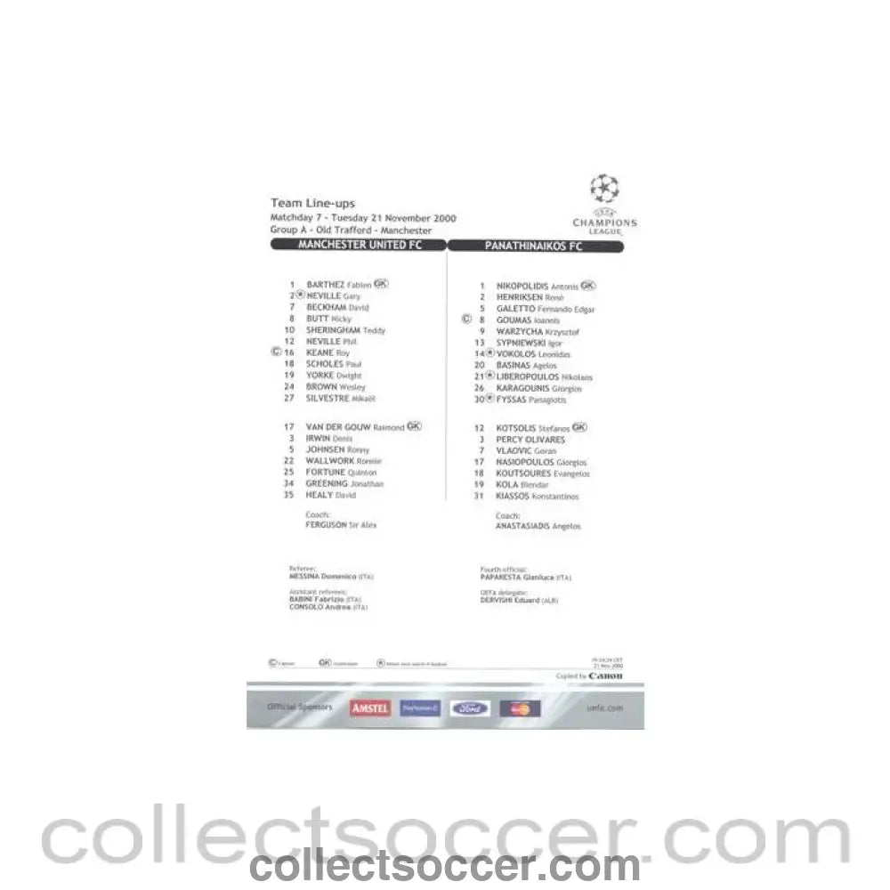 2000 - Manchester United v Panathinaikos 21/11/2000 Champions League teamsheet - Collect Soccer