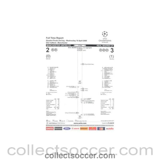 2000 - Manchester United v Real Madrid Full Time Report 19/04/2000 Champions League Quarter-Finals