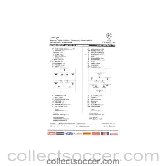 2000 - Manchester United v Real Madrid line-ups 19/04/2000 Champions League Quarter-Finals
