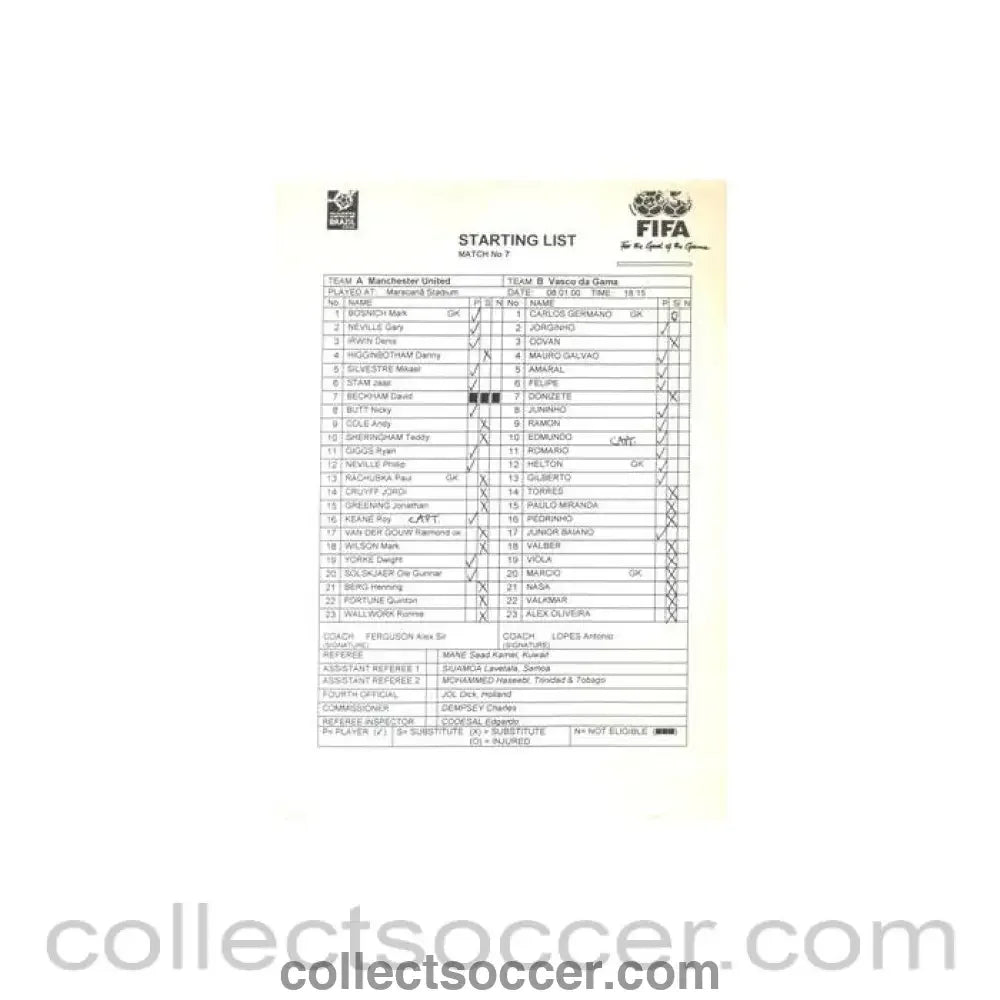 2000 - Manchester United v Vasco da Gama Starting List 08/01/2000 Club World Cup in Brazil - Collect Soccer