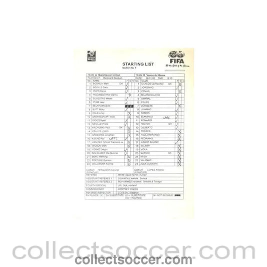 2000 - Manchester United v Vasco da Gama Starting List 08/01/2000 Club World Cup in Brazil