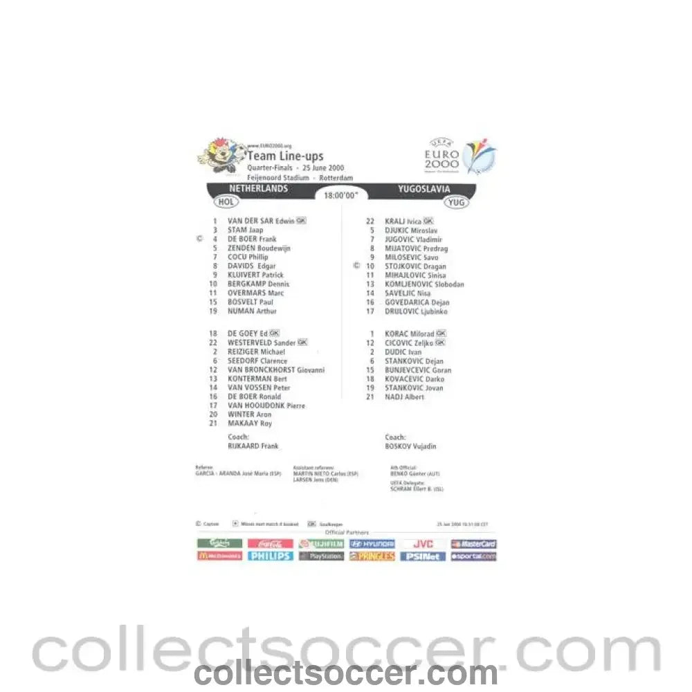 2000 - Netherlands v Yugoslavia official colour teamsheet 25/06/2000 Euro 2000 - Collect Soccer