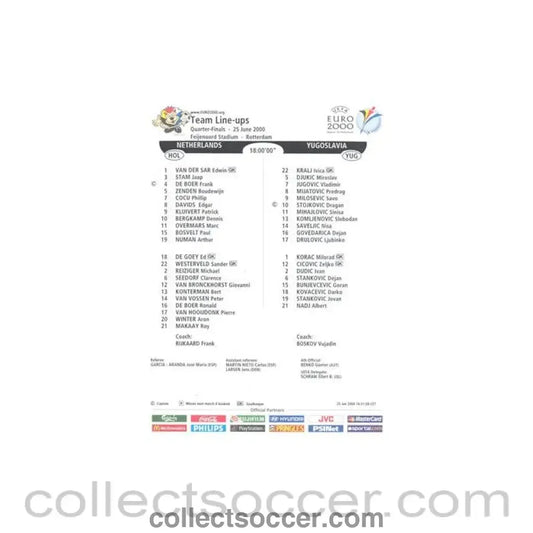 2000 - Netherlands v Yugoslavia official colour teamsheet 25/06/2000 Euro 2000 - Collect Soccer