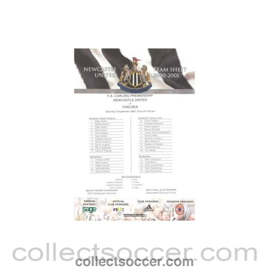 2000 - Newcastle United v Chelsea official colour teamsheet 09/09/2000 Carling Premiership - Collect Soccer