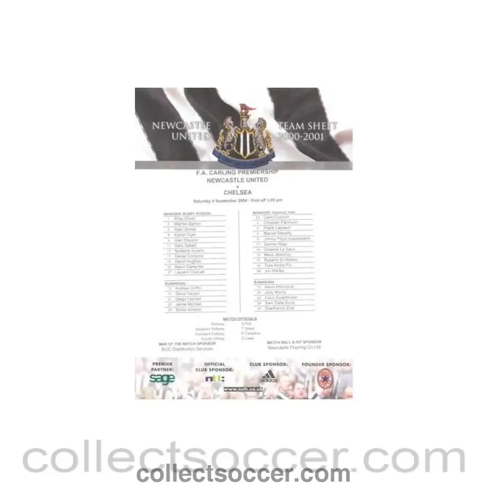 2000 - Newcastle United v Chelsea official colour teamsheet 09/09/2000 Premier League - Collect Soccer