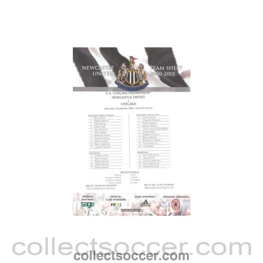 2000 - Newcastle United v Chelsea official colour teamsheet 09/09/2000 Premier League - Collect Soccer