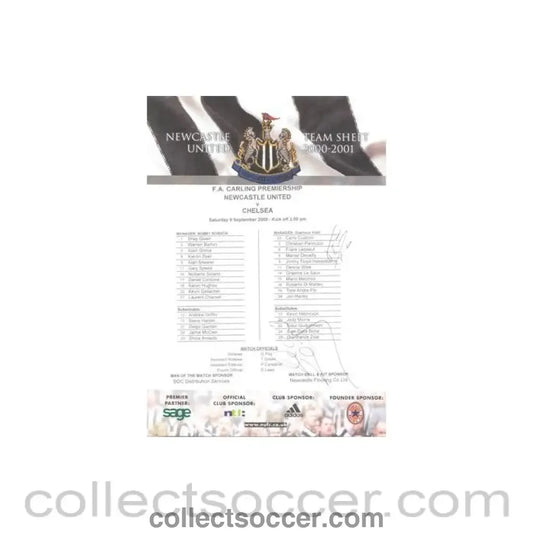 2000 - Newcastle United v Chelsea official colour teamsheet 09/09/2000 Premier League, signed - Collect Soccer