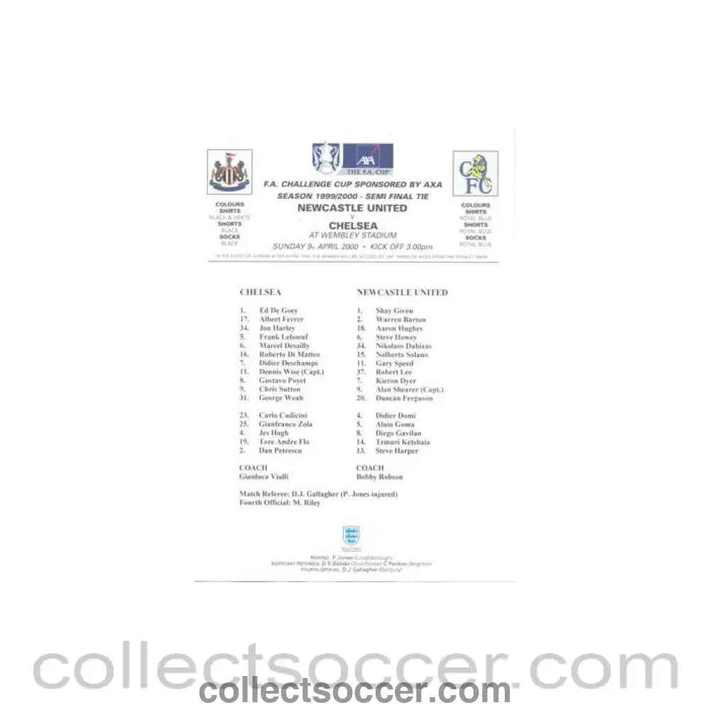 2000 - Newcastle United v Chelsea teamsheet 09/04/2000 F.A. Cup Semi - Final - Collect Soccer