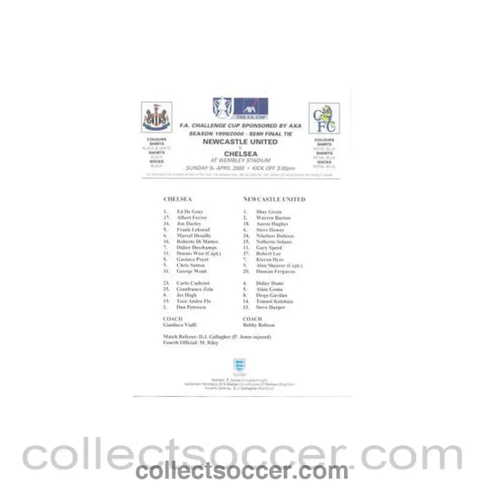 2000 - Newcastle United v Chelsea teamsheet 09/04/2000 F.A. Cup Semi - Final - Collect Soccer