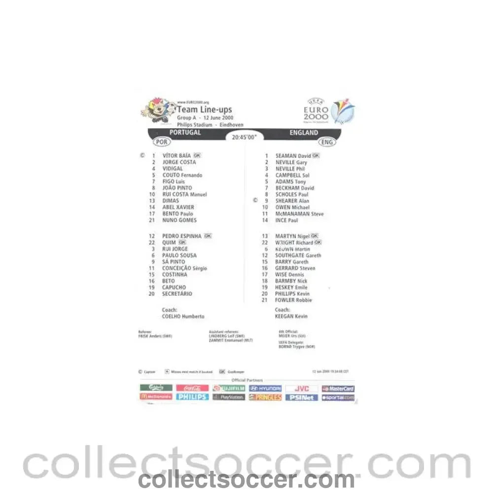 2000 - Portugal v England official teamsheet 12/06/2000 Euro 2000 - Collect Soccer