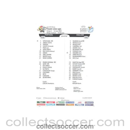 2000 - Portugal v England official teamsheet 12/06/2000 Euro 2000 - Collect Soccer