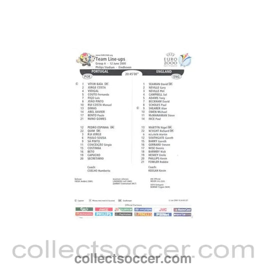 2000 - Portugal v England official teamsheet 12/06/2000 Euro 2000 - Collect Soccer