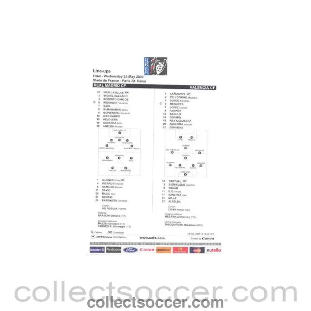 2000 - Real Madrid v Valencia line-ups 24/05/2000 Champions League Final in Paris - Collect Soccer