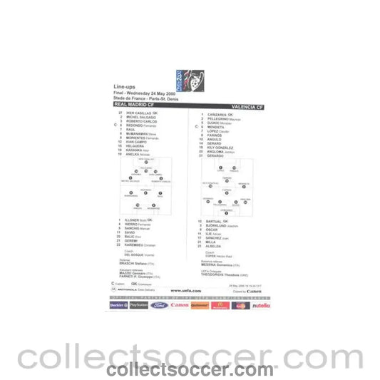 2000 - Real Madrid v Valencia line-ups 24/05/2000 Champions League Final in Paris