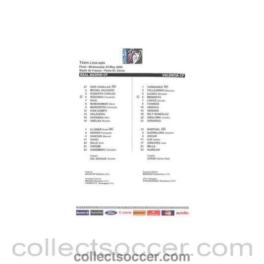 2000 - Real madrid v Valencia official teamsheet 24/05/2000 Champions League