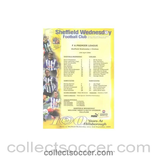 2000 - Sheffield Wednesday v Chelsea official colour teamsheet 15/04/2000 Premier League - Collect Soccer