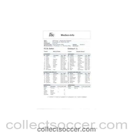 2000 - St. Gallen Switzerland v Chelsea Media Information 28/09/2000 UEFA Cup
