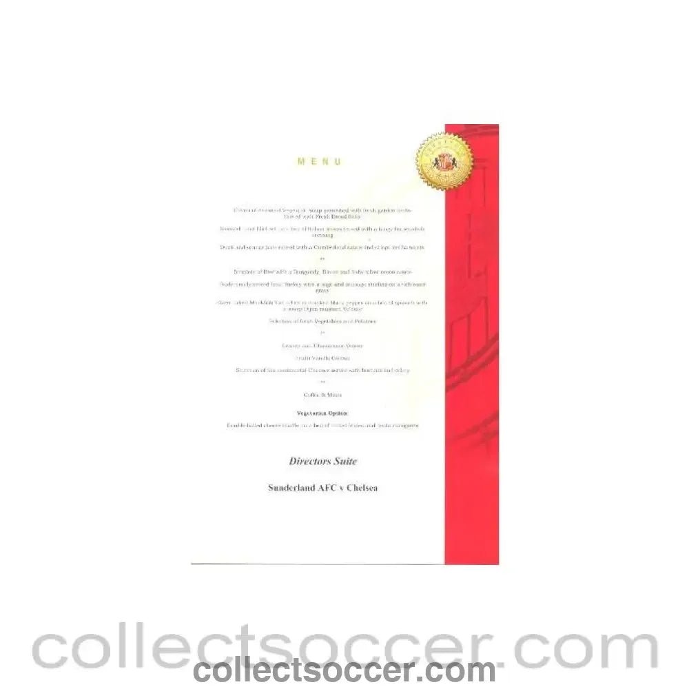 2000 - Sunderland v Chelsea Corporate Hospitality Menu 2000-2001 - Collect Soccer