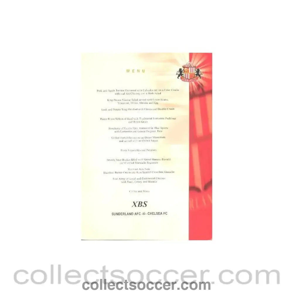 2000 - Sunderland v Chelsea menu Directors Suite 2000-2001