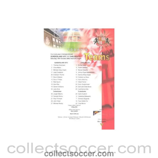 2000 - Sunderland v Chelsea official colour teamsheet 14/10/2000 Premier League