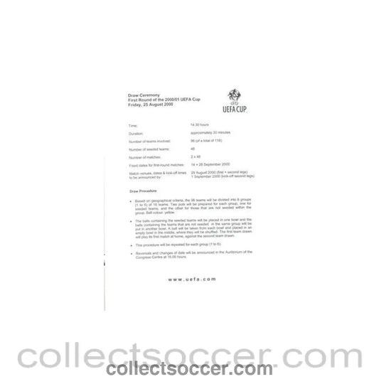 2000 - UEFA Cup 2000 - 2001 Draw Ceremony sheet - Collect Soccer