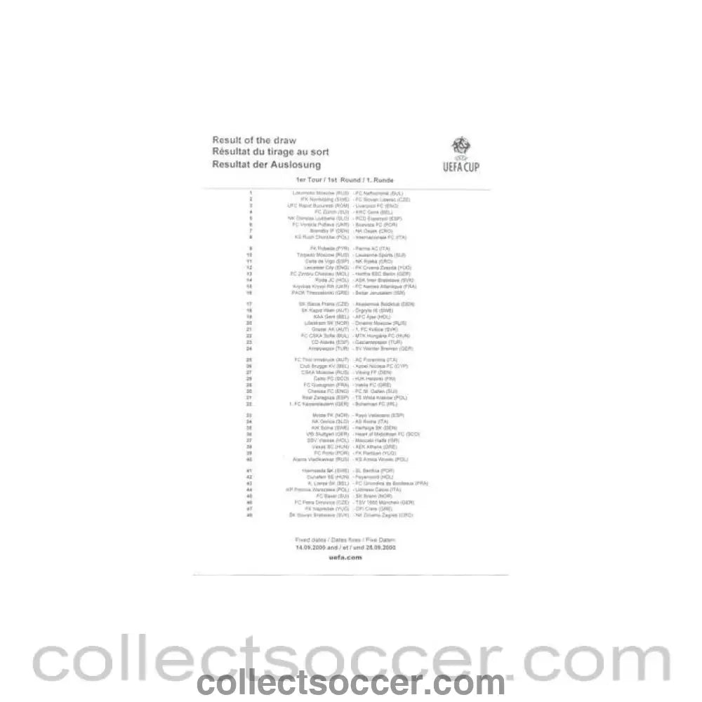 2000 - UEFA Cup 2000 - 2001 Draw Results - Collect Soccer
