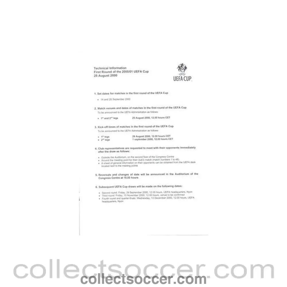 2000 - UEFA Cup 2000 - 2001Technical Information - Collect Soccer
