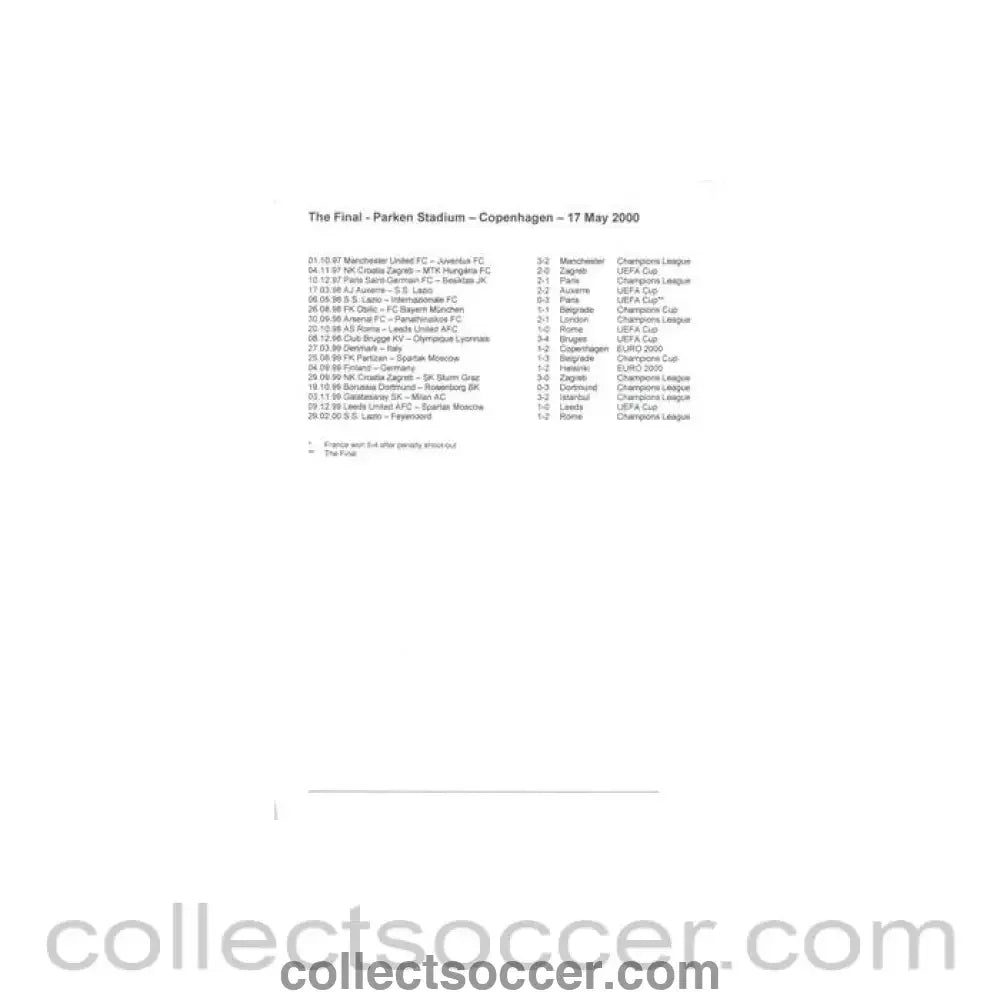 2000 UEFA Cup Final at Parken Stadium Copenhagen handout for the media - Collect Soccer