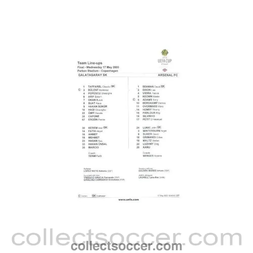 2000 Uefa Cup Final Official Teamsheet Galatasaray v Arsenal 17/05/2000 U - Collect Soccer