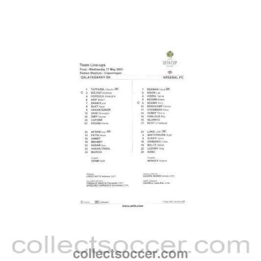 2000 Uefa Cup Final Official Teamsheet Galatasaray v Arsenal 17/05/2000 U