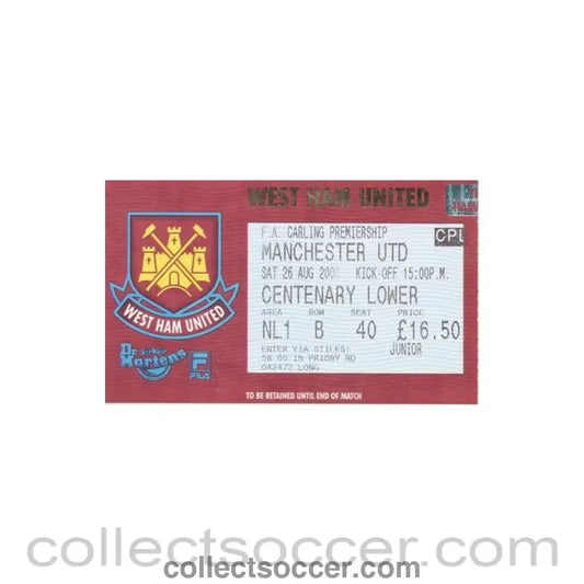 2000 - West Ham United v Manchester United ticket 26/08/2000 Premier League